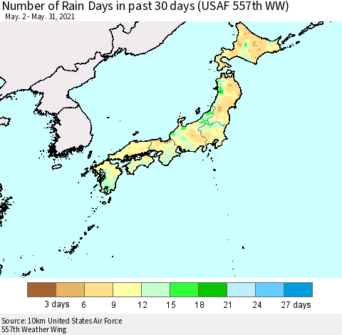 Japan Number of Rain Days in past 30 days (USAF 557th WW) 05/31/2021 Thematic Map For 5/26/2021 - 5/31/2021
