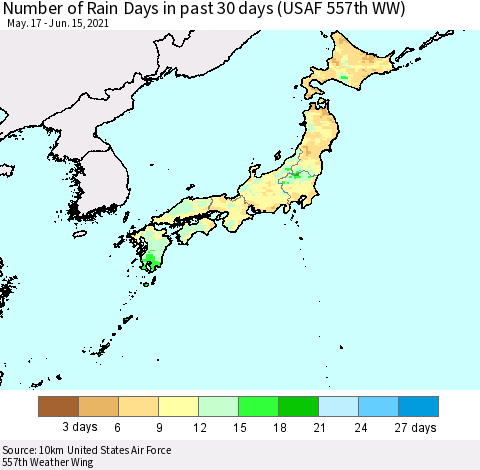 Japan Number of Rain Days in past 30 days (USAF 557th WW) 06/15/2021 Thematic Map For 6/11/2021 - 6/15/2021