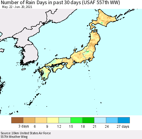 Japan Number of Rain Days in past 30 days (USAF 557th WW) 06/20/2021 Thematic Map For 6/16/2021 - 6/20/2021