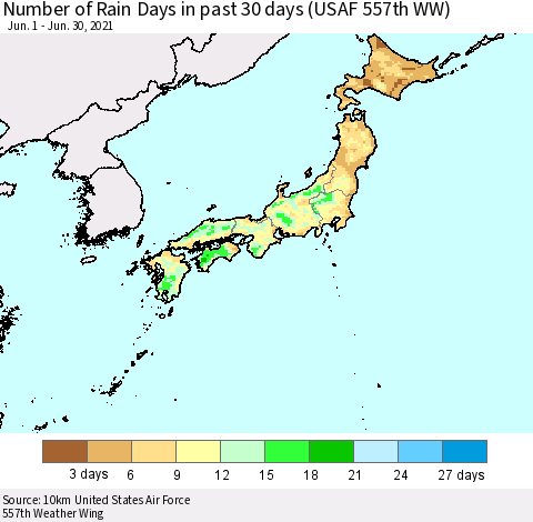 Japan Number of Rain Days in past 30 days (USAF 557th WW) 06/30/2021 Thematic Map For 6/26/2021 - 6/30/2021
