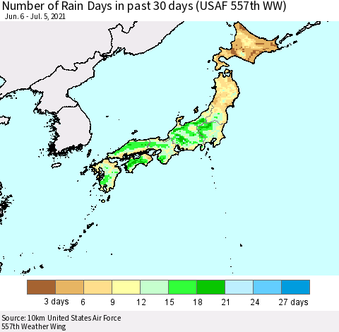 Japan Number of Rain Days in past 30 days (USAF 557th WW) 07/05/2021 Thematic Map For 7/1/2021 - 7/5/2021