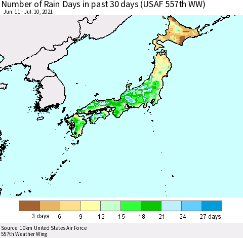 Japan Number of Rain Days in past 30 days (USAF 557th WW) 07/10/2021 Thematic Map For 7/6/2021 - 7/10/2021