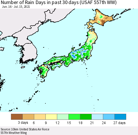Japan Number of Rain Days in past 30 days (USAF 557th WW) 07/15/2021 Thematic Map For 7/11/2021 - 7/15/2021