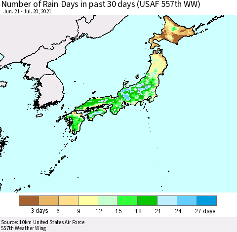 Japan Number of Rain Days in past 30 days (USAF 557th WW) 07/20/2021 Thematic Map For 7/16/2021 - 7/20/2021