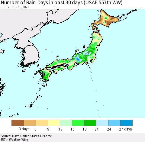 Japan Number of Rain Days in past 30 days (USAF 557th WW) 07/31/2021 Thematic Map For 7/26/2021 - 7/31/2021
