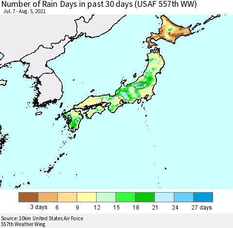 Japan Number of Rain Days in past 30 days (USAF 557th WW) 08/05/2021 Thematic Map For 8/1/2021 - 8/5/2021