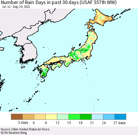 Japan Number of Rain Days in past 30 days (USAF 557th WW) 08/10/2021 Thematic Map For 8/6/2021 - 8/10/2021