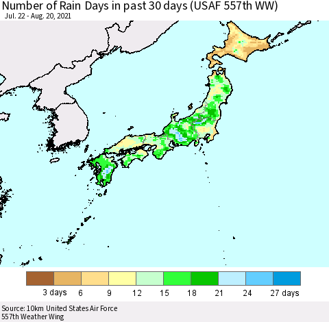Japan Number of Rain Days in past 30 days (USAF 557th WW) 08/20/2021 Thematic Map For 8/16/2021 - 8/20/2021