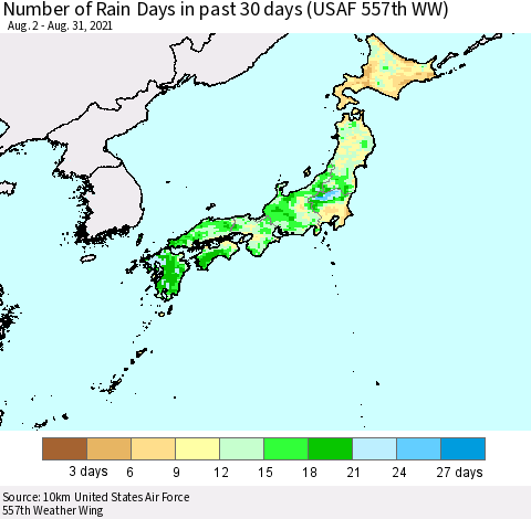 Japan Number of Rain Days in past 30 days (USAF 557th WW) 08/31/2021 Thematic Map For 8/26/2021 - 8/31/2021