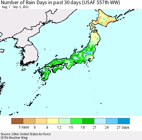Japan Number of Rain Days in past 30 days (USAF 557th WW) 09/05/2021 Thematic Map For 9/1/2021 - 9/5/2021