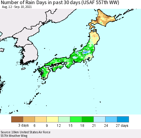 Japan Number of Rain Days in past 30 days (USAF 557th WW) 09/10/2021 Thematic Map For 9/6/2021 - 9/10/2021