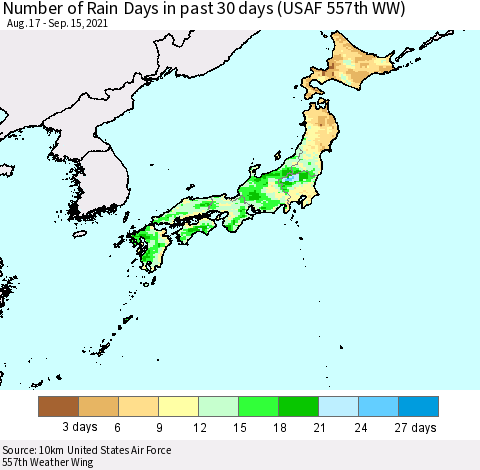 Japan Number of Rain Days in past 30 days (USAF 557th WW) 09/15/2021 Thematic Map For 9/11/2021 - 9/15/2021