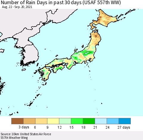 Japan Number of Rain Days in past 30 days (USAF 557th WW) 09/20/2021 Thematic Map For 9/16/2021 - 9/20/2021