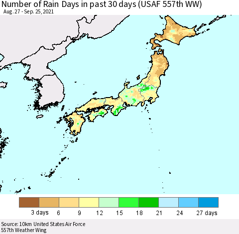 Japan Number of Rain Days in past 30 days (USAF 557th WW) 09/25/2021 Thematic Map For 9/21/2021 - 9/25/2021