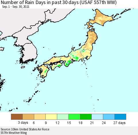 Japan Number of Rain Days in past 30 days (USAF 557th WW) 09/30/2021 Thematic Map For 9/26/2021 - 9/30/2021