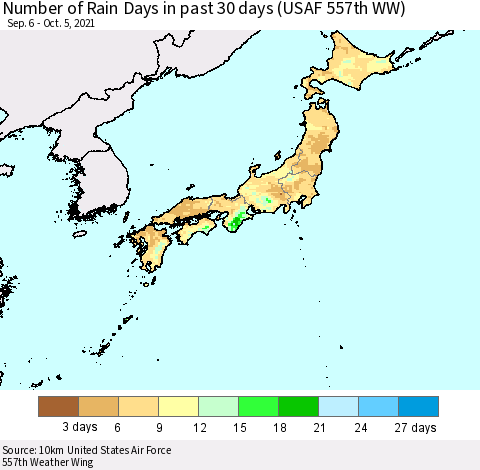 Japan Number of Rain Days in past 30 days (USAF 557th WW) 10/05/2021 Thematic Map For 10/1/2021 - 10/5/2021