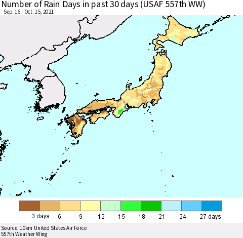 Japan Number of Rain Days in past 30 days (USAF 557th WW) 10/15/2021 Thematic Map For 10/11/2021 - 10/15/2021