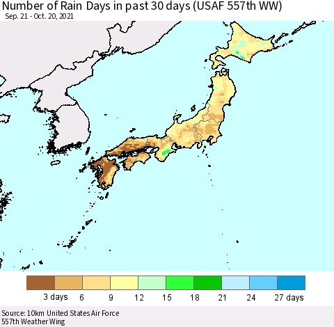Japan Number of Rain Days in past 30 days (USAF 557th WW) 10/20/2021 Thematic Map For 10/16/2021 - 10/20/2021