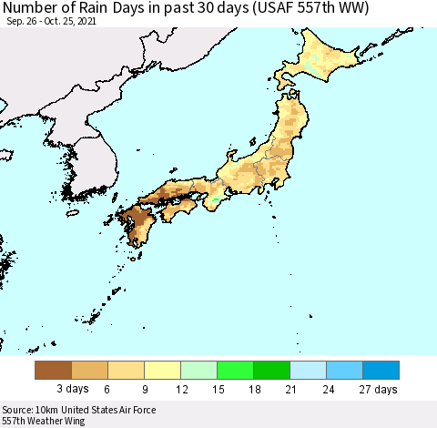 Japan Number of Rain Days in past 30 days (USAF 557th WW) 10/25/2021 Thematic Map For 10/21/2021 - 10/25/2021