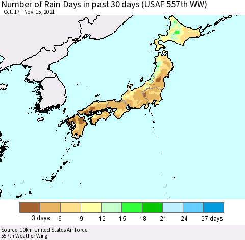 Japan Number of Rain Days in past 30 days (USAF 557th WW) 11/15/2021 Thematic Map For 11/11/2021 - 11/15/2021