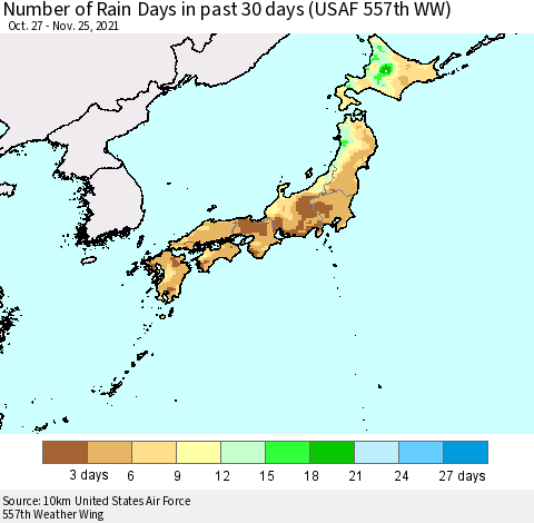 Japan Number of Rain Days in past 30 days (USAF 557th WW) 11/25/2021 Thematic Map For 11/21/2021 - 11/25/2021