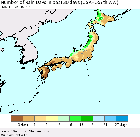 Japan Number of Rain Days in past 30 days (USAF 557th WW) 12/10/2021 Thematic Map For 12/6/2021 - 12/10/2021