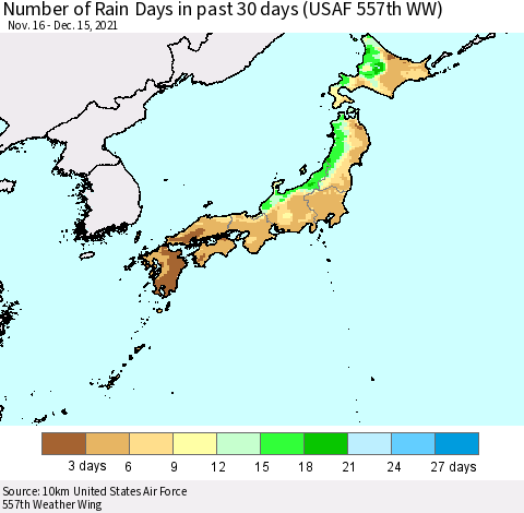 Japan Number of Rain Days in past 30 days (USAF 557th WW) 12/15/2021 Thematic Map For 12/11/2021 - 12/15/2021