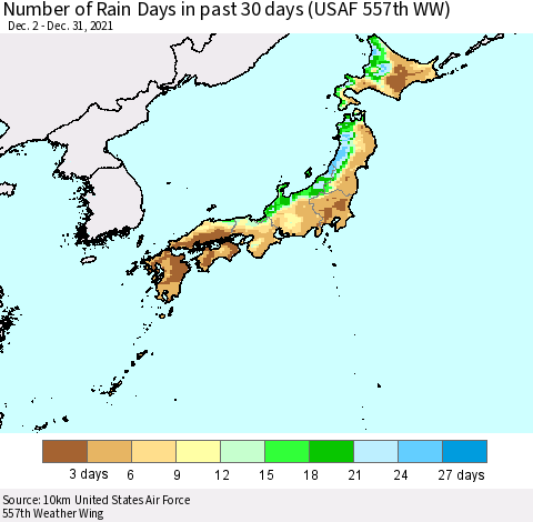 Japan Number of Rain Days in past 30 days (USAF 557th WW) 12/31/2021 Thematic Map For 12/26/2021 - 12/31/2021