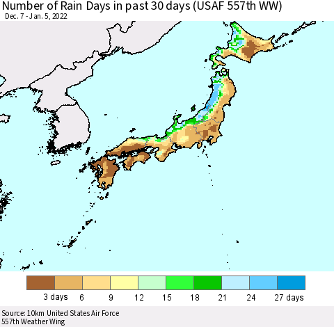 Japan Number of Rain Days in past 30 days (USAF 557th WW) 01/05/2022 Thematic Map For 1/1/2022 - 1/5/2022