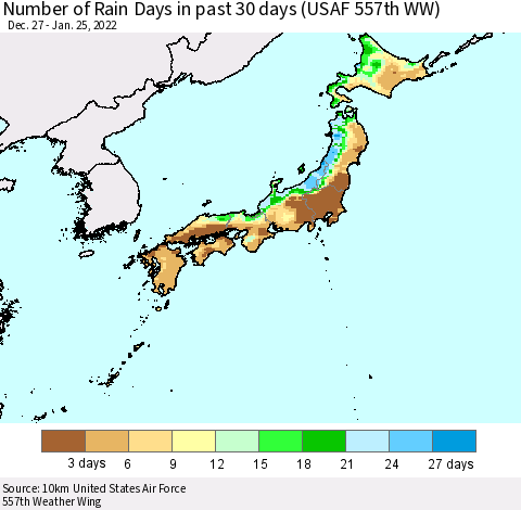 Japan Number of Rain Days in past 30 days (USAF 557th WW) 01/25/2022 Thematic Map For 1/21/2022 - 1/25/2022