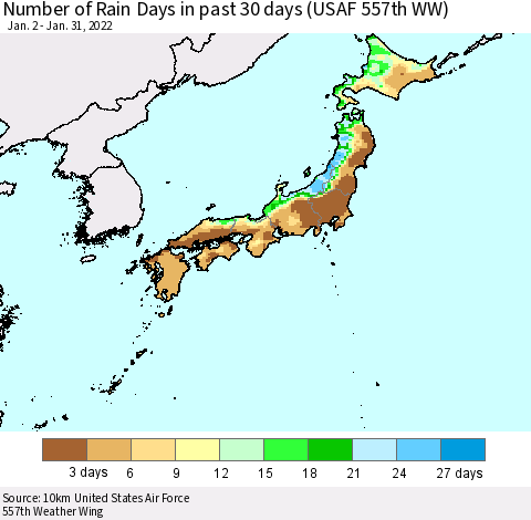 Japan Number of Rain Days in past 30 days (USAF 557th WW) 01/31/2022 Thematic Map For 1/26/2022 - 1/31/2022