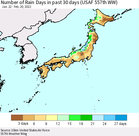 Japan Number of Rain Days in past 30 days (USAF 557th WW) 02/20/2022 Thematic Map For 2/16/2022 - 2/20/2022