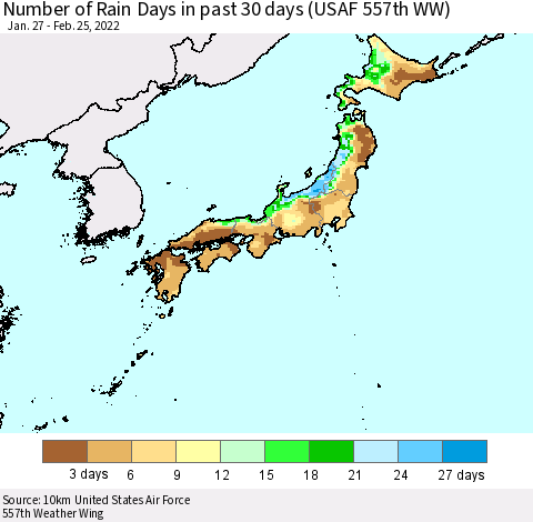 Japan Number of Rain Days in past 30 days (USAF 557th WW) 02/25/2022 Thematic Map For 2/21/2022 - 2/25/2022