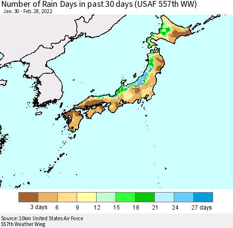 Japan Number of Rain Days in past 30 days (USAF 557th WW) 02/28/2022 Thematic Map For 2/26/2022 - 2/28/2022