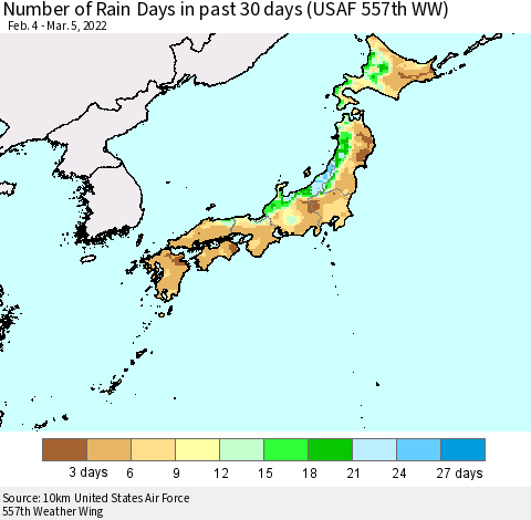 Japan Number of Rain Days in past 30 days (USAF 557th WW) 03/05/2022 Thematic Map For 3/1/2022 - 3/5/2022