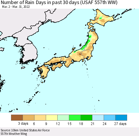 Japan Number of Rain Days in past 30 days (USAF 557th WW) 03/31/2022 Thematic Map For 3/26/2022 - 3/31/2022