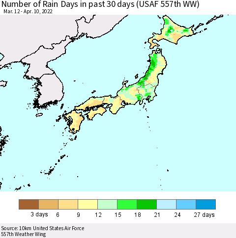 Japan Number of Rain Days in past 30 days (USAF 557th WW) 04/10/2022 Thematic Map For 4/6/2022 - 4/10/2022