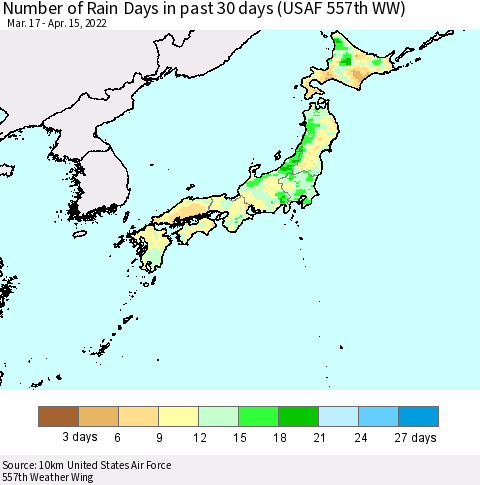Japan Number of Rain Days in past 30 days (USAF 557th WW) 04/15/2022 Thematic Map For 4/11/2022 - 4/15/2022