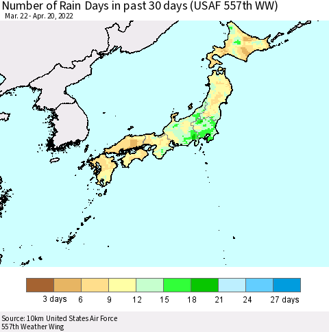 Japan Number of Rain Days in past 30 days (USAF 557th WW) 04/20/2022 Thematic Map For 4/16/2022 - 4/20/2022