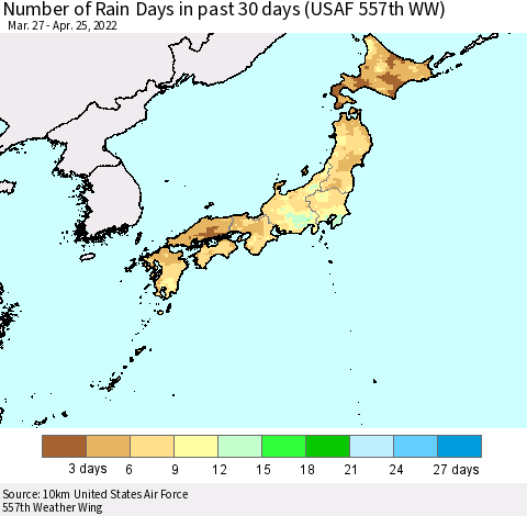Japan Number of Rain Days in past 30 days (USAF 557th WW) 04/25/2022 Thematic Map For 4/21/2022 - 4/25/2022