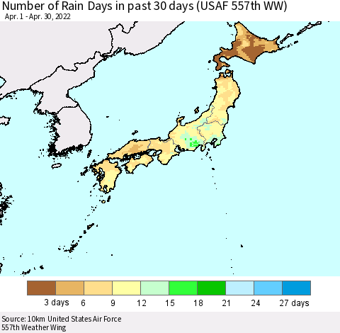 Japan Number of Rain Days in past 30 days (USAF 557th WW) 04/30/2022 Thematic Map For 4/26/2022 - 4/30/2022