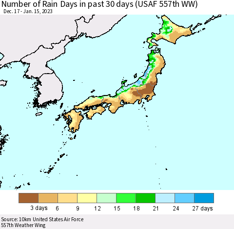 Japan Number of Rain Days in past 30 days (USAF 557th WW) Thematic Map For 1/11/2023 - 1/15/2023