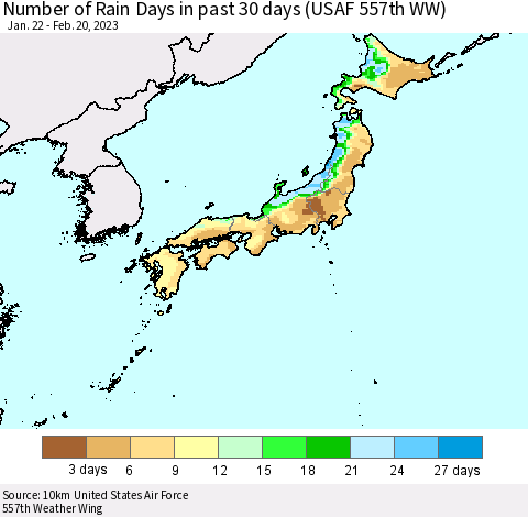 Japan Number of Rain Days in past 30 days (USAF 557th WW) Thematic Map For 2/16/2023 - 2/20/2023