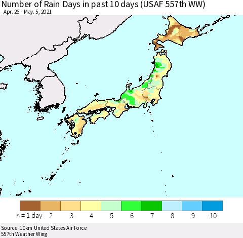 Japan Number of Rain Days in past 10 days (USAF 557th WW) Thematic Map For 5/1/2021 - 5/5/2021