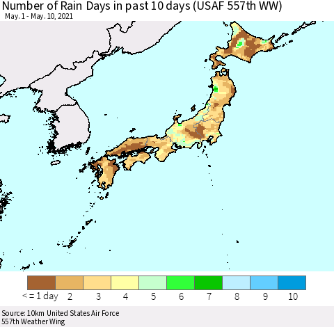Japan Number of Rain Days in past 10 days (USAF 557th WW) Thematic Map For 5/6/2021 - 5/10/2021