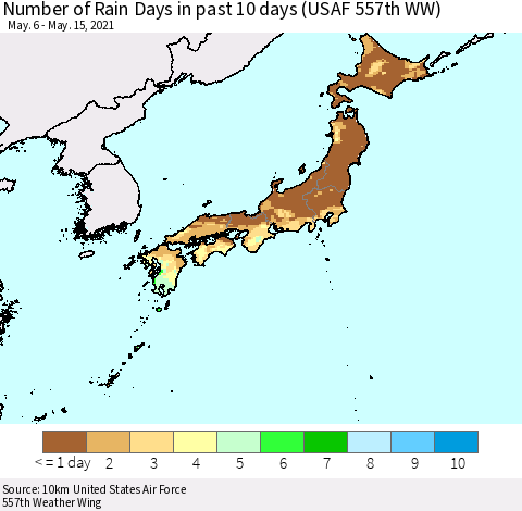 Japan Number of Rain Days in past 10 days (USAF 557th WW) Thematic Map For 5/11/2021 - 5/15/2021