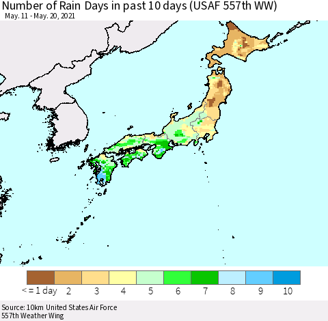 Japan Number of Rain Days in past 10 days (USAF 557th WW) Thematic Map For 5/16/2021 - 5/20/2021