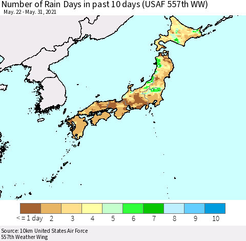 Japan Number of Rain Days in past 10 days (USAF 557th WW) Thematic Map For 5/26/2021 - 5/31/2021