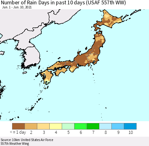 Japan Number of Rain Days in past 10 days (USAF 557th WW) Thematic Map For 6/6/2021 - 6/10/2021