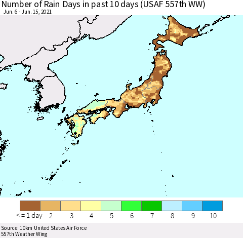 Japan Number of Rain Days in past 10 days (USAF 557th WW) Thematic Map For 6/11/2021 - 6/15/2021